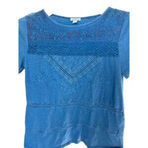 Sundance Womens Medium Top Embroidered Blue Short Sleeve Stretch Mesh